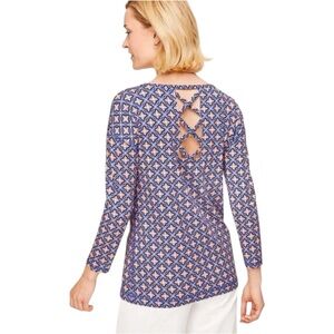 TALBOTS Geometric 3/4 Sleeve Lattice Back Petite Top Size Medium‎